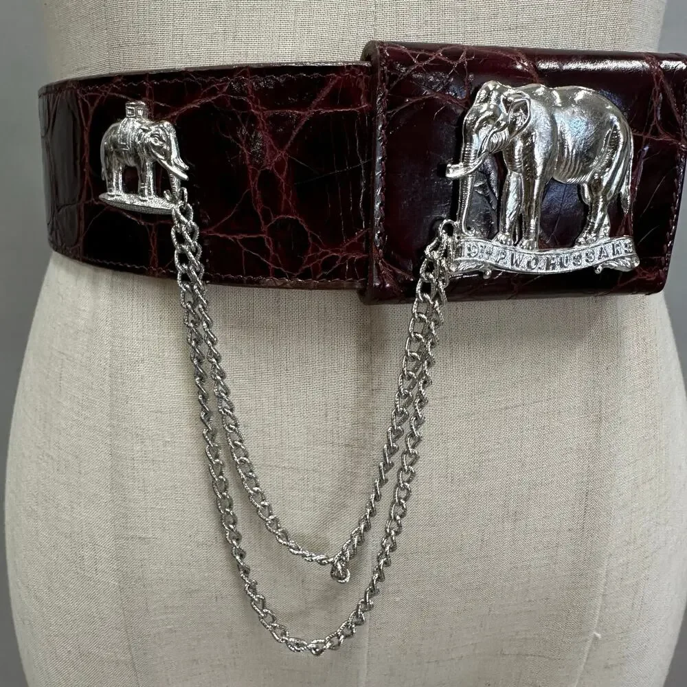 Catherine‎ Carson burgundy leather strap belt silver elephant & drop chain small